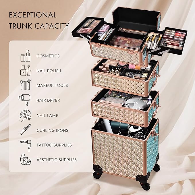 Stagiant Rolling Makeup Case Cosmetology Case on Wheels 4 in 1 Large Cosmetic Organizer Train Case Makeup Travel Case with Key Swivel Wheels Nail Artist Salon Storage Traveling Cart Trunk Rose Gold
