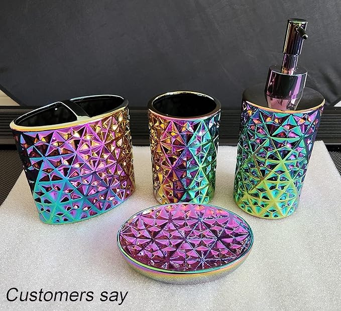 Colorful Bathroom Accessories Set 4 Pcs, Lotion Soap Dispenser, Soap Dish, Toothbrush Holder, Tumbler, Countertop Vanity Organizer for Bathroom Accessory Set