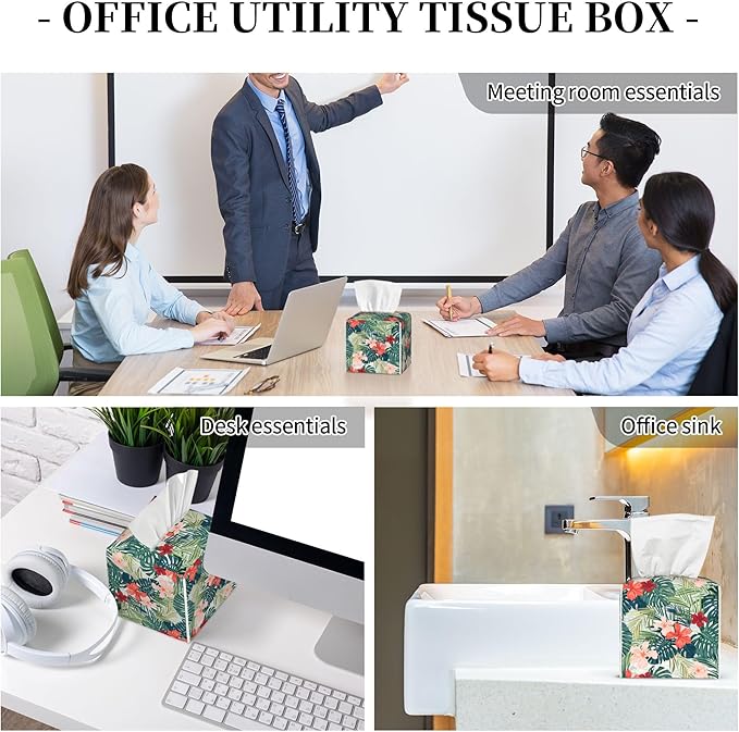 Palm Leaves and Flowers Tissue Box Cover Square,Tropical Plants and Floral Tissue Box Holder Waterproof Leather Facial Paper Organizer Dispenser for Bathroom Home Car Nightstand Vanity Desk