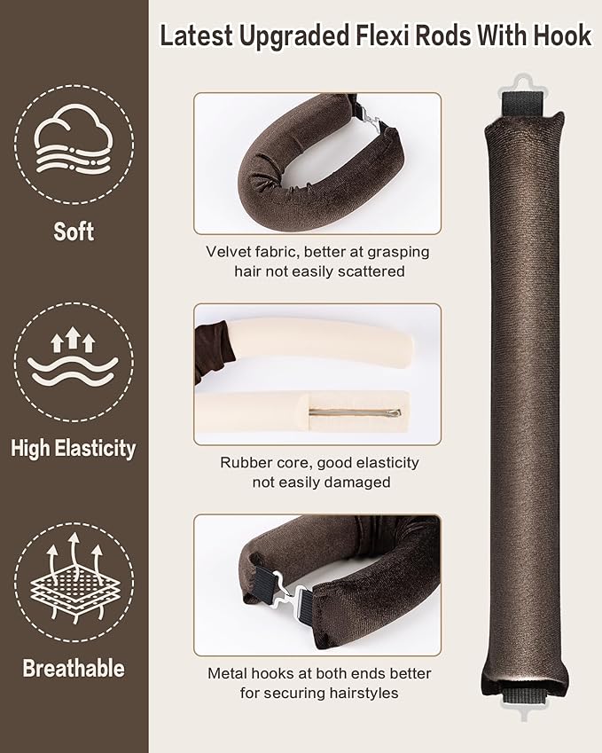 Heatless Curls Overnight with Satin Head Scarf, Velvet Hair Rollers for Blowout Look, No Heat Curling Rod for Long Thick Hair, Soft Sleep In Flexi Rods