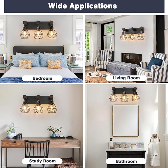 Farmhouse Bathroom Vanity Light Fixtures, 3-Light Black Gold Bathroom Light Fixtures Over Mirror, Rustic Wood Sconces Wall Lighting with Elegant Metal Lampshade for Living Room, Bedroom, Hallway