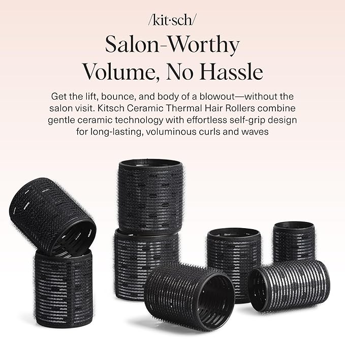 Kitsch Ceramic Thermal Hair Rollers for Women – Self Grip Hair Curlers for Heatless Curls Overnight, Long Lasting Frizz-Free Curls Volumizing Large Rollers for All Hair Types - Black, 8pcs
