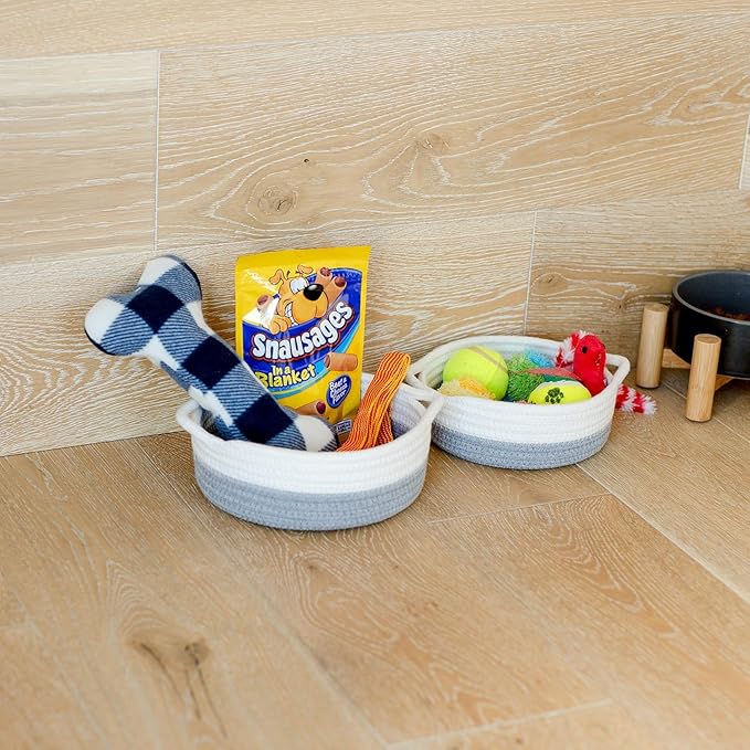 NaturalCozy 5-Piece Round Small Woven Baskets Set– Cotton Rope Baskets for Organizing! Montessori Toys, Fruits Remotes Key Tray Bowl for Entryway Desk, Shallow Catchall Home Décor, Cat Dog Bin Gift