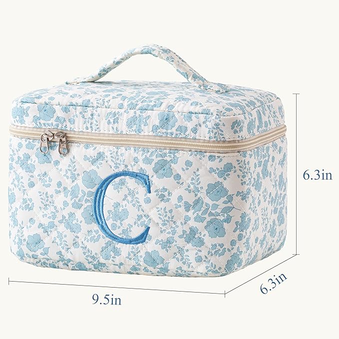HBselect Initial Quilted Makeup Bag, Cotton Large Travel Make up Bag, Cute Floral Coquette Cosmetic Bag Toiletry Bag for Women Girls C