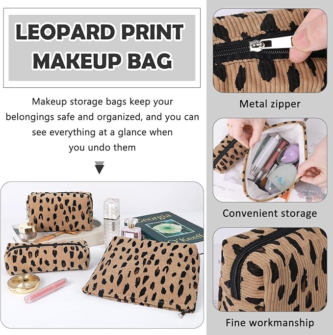 3 Pcs Makeup Bag Cosmetic Bag Set for Girls Women Travel Organizer Bathroom Toiletry Pouch Large Capacity Storage Bag (Leopard Brown)