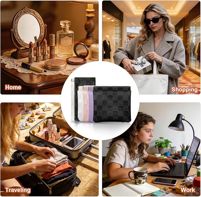 6 Pack 2 Sizes Small Makeup Bag for Purse, Checkered Snap Closure Pouches for Purse, PU Leather Coin Purse for Women, Mini Organizer for Cosmetics Electronics Change, Daily Commute & Travel