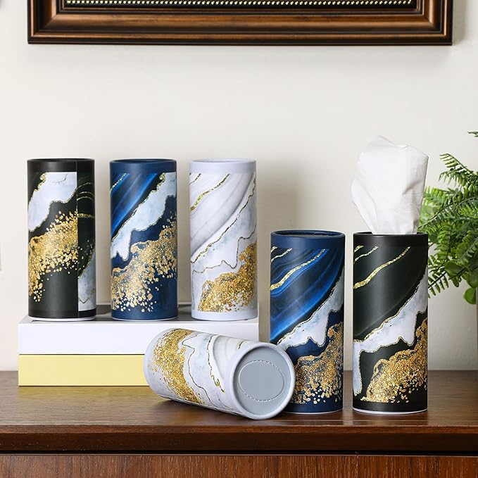 12 Pack Car Tissue Cylinder Holder Bulk with 3 Ply Facial Tissues, Round Napkin Holders for Car Cup Holder Cylinder Travel Paper Tubes Bulk Round Napkin Boxes Packs(Marble)