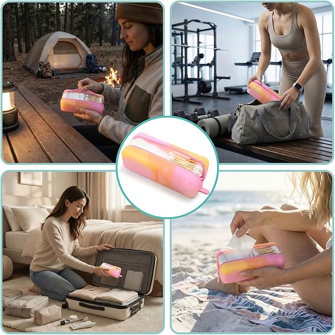 Cotton Pad Swab Travel Case – 2-in-1 Portable Waterproof Qtips Dispenser for Cotton Square Pad & Qtip, Floss, Bobbi Pin, Nail Kit, Hair Accessories Organizer TSA Compliance – VISFRESH (Peach Sunrise)