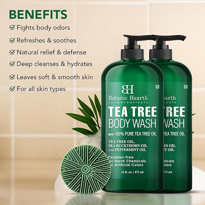Botanic Hearth Tea Tree Body Wash 2Pack, with Silicone Dual-Sided Design Body Brush & Scrubber | Infused with 100% Pure Tea Tree Oil, Coconut, Jojoba |Foot & Body Cleanser | Paraben Free |16 fl oz