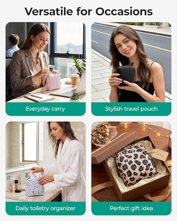 BAGSMART Small Travel Makeup Bag for Purse Toiletry Pouch, Puffy Padded Mini Cosmetics Bag, Cute Make Up Pouch for Women with Slip-in Pocket, Travel Essentials for Toiletries, Black