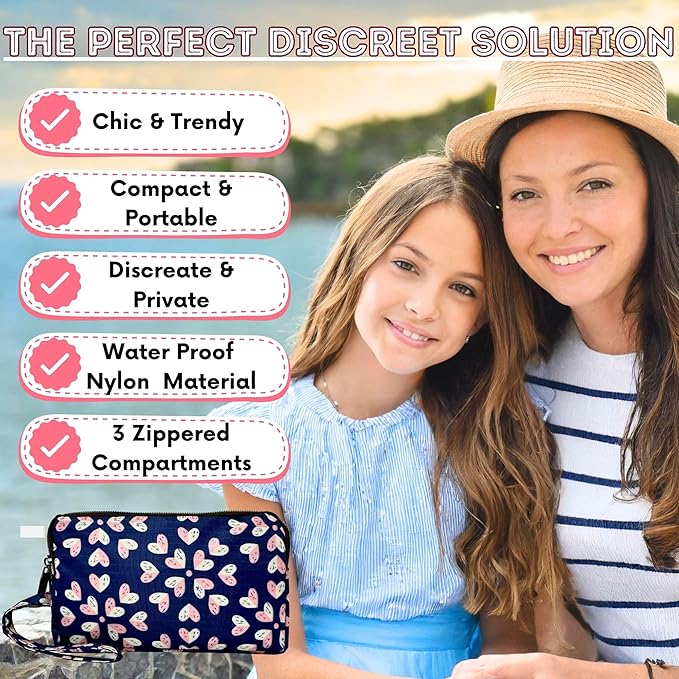 Mark and Lola's First Period Pal Pack to-Go Kit | 24 pcs | First Period Kit for Tweens | Teen Period Kit| Discrete Period Bag, Pads, Panty Liners, Period Kits for Tweens 10-12 (Hearts)