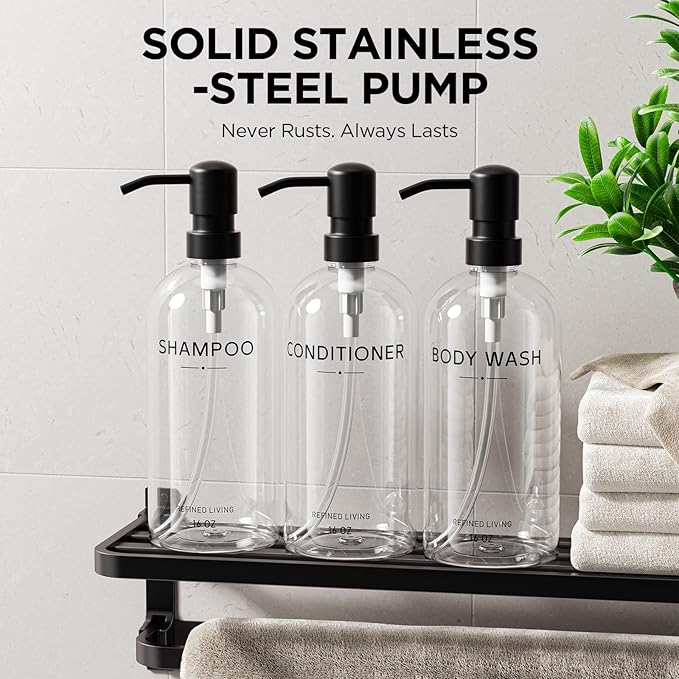 Shampoo and Conditioner Dispenser Set,3 Refillable 16oz Bottles with Stainless Steel Pumps – Shower Soap Dispensers for Bathroom, Hotel or Airbnb (Transparent, 3-Pack)