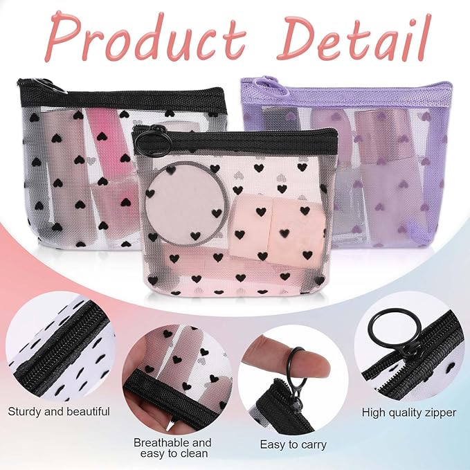 3Pcs Mini Cosmetic Bags, Heart Print Mesh Zipper Bags, Lipstick Accessories Organizer, Makeup Bag for Women, Small Purse Bag (White, Pink, Purple)