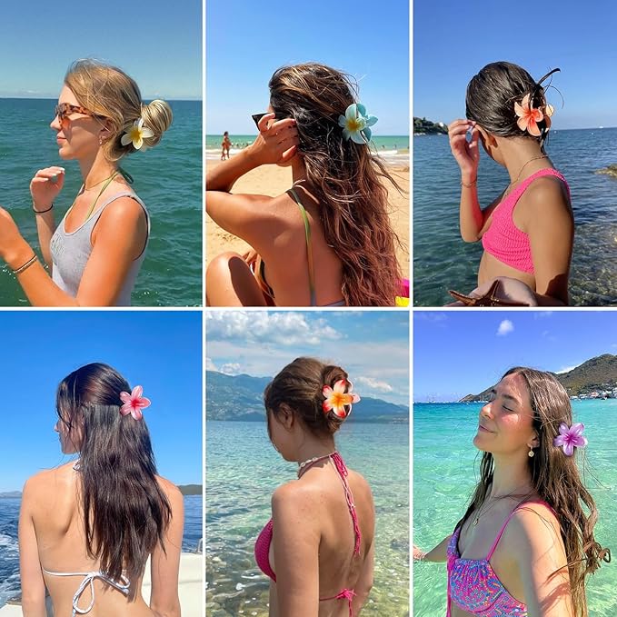 6 Pack Hawaiian Flower Hair Claw Clips for Women, Hibiscus Floral Claw Clips for Thick or Thin Hair, Cute Summer Accessories