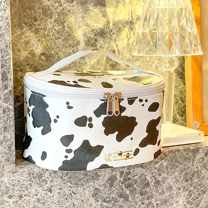 Meiyuuo Makeup Bag Large Cosmetic Bags for Women Girls Cute Travel Zipper Pouch Toiletry Organizer for Beauty Essentials Waterproof (Cow Print)