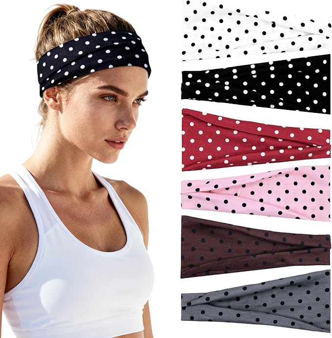 Headbands for Women Non-Slip Workout Hair Bands, 6 Pack Stretchy Athletic Soft Sweatbands, Elastic Cloth Fabric Headband, Fashion Head Bands for Yoga Running Sports Gym Sports Exercise