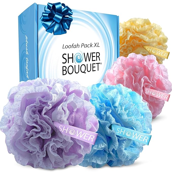 Loofah-Bath-Sponge Lace-Mesh-Set // 2-Scrubs-in-1 by Shower Bouquet/Large Full 60g Pouf (4 Pack Spa Colors) Body Luffa Loofa Loufa Puff - Exfoliate, Cleanse Skin with Luxurious Bathing Accessories