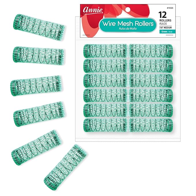 Annie Wire Mesh Rollers – Medium 7/8 Inch Hair Curlers for Defined Curls & Waves, Heatless Styling Tools for All Hair Types – 12 Count (Green)