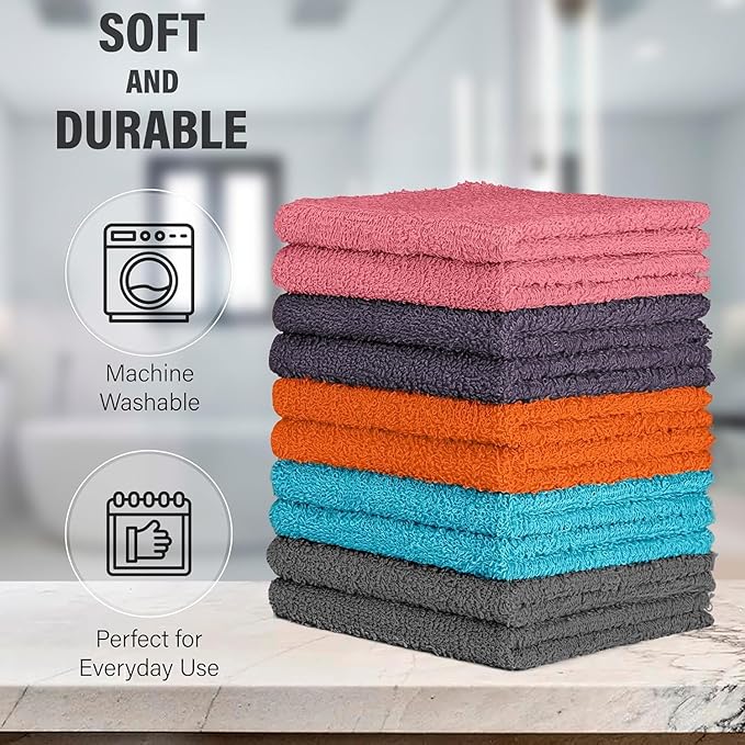 DecorRack 10 Pack 100% Cotton Wash Cloth, Luxurious Soft, 12 x 12 inch Ultra Absorbent, Machine Washable Washcloths, Assorted Set 4 (10 Pack)