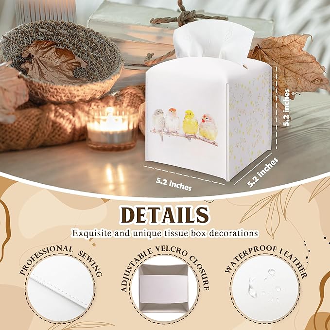 Cute Birds & Flowers Design Spring Tissue Box Cover - PU Leather Waterproof Tissue Holder - Facial Paper Organizer for Home Bathroom Office - Desk Seasonal Decorative Dispenser Box-B01