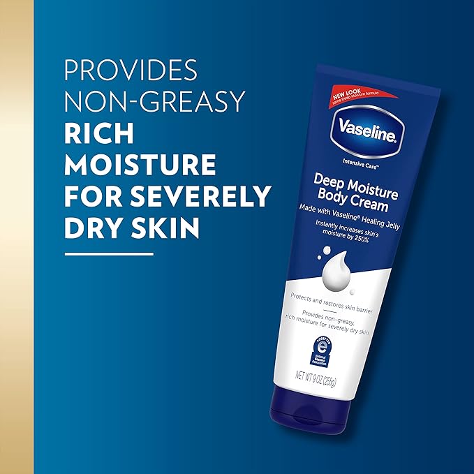 Vaseline Intensive Care Body Cream Deep Moisture with Healing Petroleum Jelly & Vitamin E Rich & Smooth for Dry Skin 9 oz,(Pack of 8)