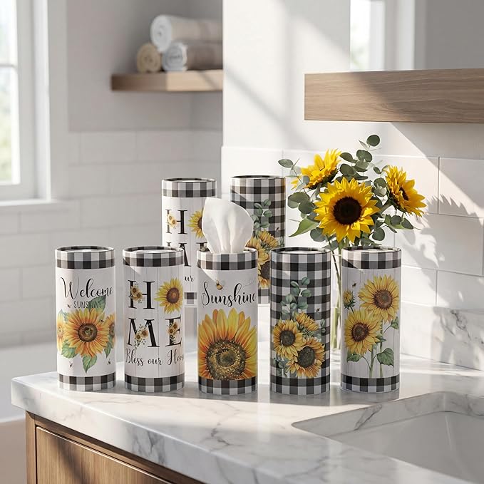 12 Pack Sunflower Tissue Boxes for Car Cylinder Bulk Black White Plaid Flower Round Cylinder Holder with 3 Ply Facial Tissues for Spring Summer Travel Bathroom Office Decoration