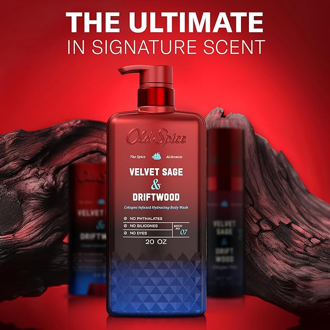 Old Spice Body Wash for Men, The Spice Alchemist Collection, 24/7 Cologne Infused Hydration, No Trade Off Formula, Free of Phthalates Silicones & Dyes, Velvet Sage + Driftwood Scent, 20 oz