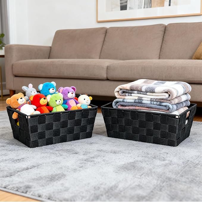 homyfort Black Storage Baskets for Shelves, Woven Shelf Baskets for Organizing, Small Strap Organizer Basket for Bathroom Storage, Set of 4
