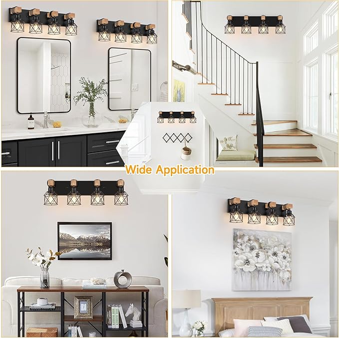 FadimiKoo 4-Light Rustic Style Wood Bathroom Vanity Light Fixtures, Black Bathroom Lighting with Cage Metal Shade, Farmhouse Wall Sconces for Hallway, Bedroom, Dressing Table