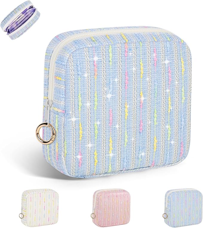 Period Bag for Teen Girls, Colorful Lines Sanitary Napkin Storage Bag, Menstrual Pad Pouches Tampon Holder for Purse (Blue)