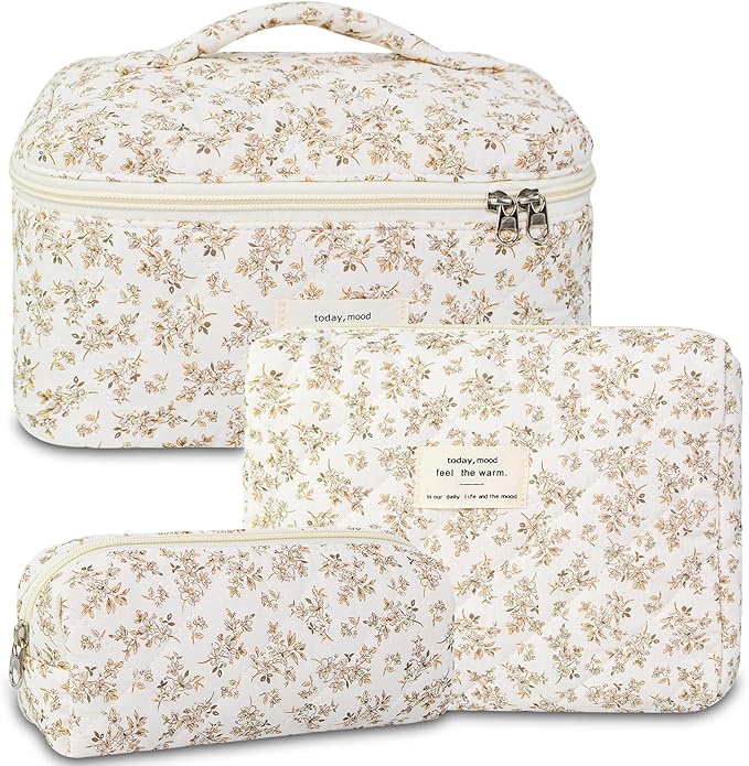3Pcs Makeup Bag Cotton Quilted Travel Cosmetic Bag Cute Floral Makeup Pouch Large Toiletry Bag for Women Girls