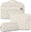 3Pcs Makeup Bag Cotton Quilted Travel Cosmetic Bag Cute Floral Makeup Pouch Large Toiletry Bag for Women Girls
