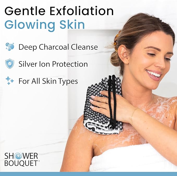 Japanese Exfoliating Washcloth for Back & Body - Charcoal & Silver Ion Exfoliating Towel - Two-Sided Gentle Exfoliation