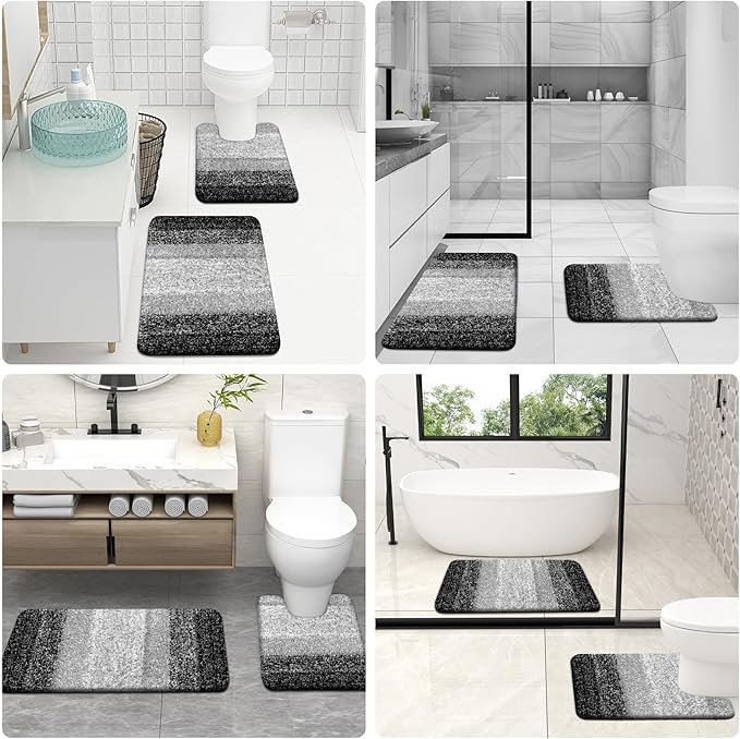 OLANLY Bathroom Rugs Sets 3 Piece, Soft Absorbent Microfiber Bath Mats and U-Shaped Contour Toilet Rug, Plush Shaggy Bath Mat Set for Bathroom (36"x24"+24"x16"+24"x20", Black)