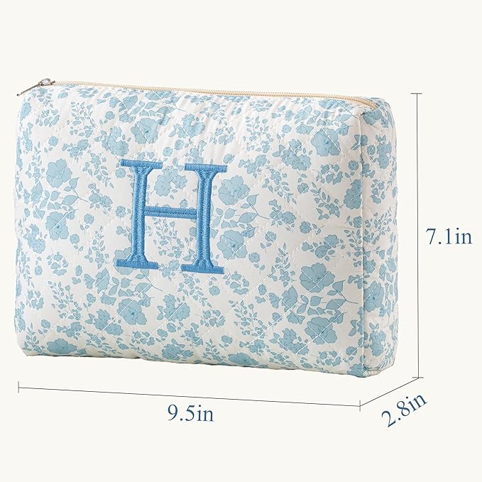 HBselect Initial Quilted Makeup Bag, Cotton Large Travel Makeup Bag, Cute Floral Coquette Make up Bag Cosmetic Bag Toiletry Bag for Women Girls H