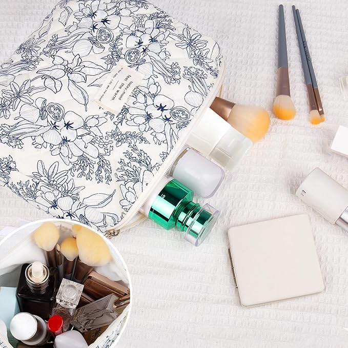 Floral Makeup Bag, Small Cosmetic Bag for Women Girls, Cute Cotton Makeup Bag, Quilted Makeup Bags, Flower Travel Toiletry Organizer Bag(Navy Blue)