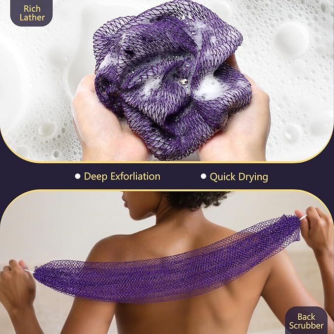KINGMAS African Net Sponge, Authentic Nylon with Knots, 2 Pieces Exfoliating Body Scrubber Bath Sponge, Back Scrubber Washcloth for Shower, Body Care Bathing (Purple & Green)