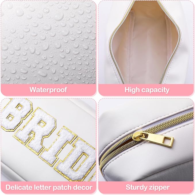 Oudain 2 Pcs Bride and Groom Makeup Bag Letter Patch Cosmetic Travel Toiletry Bag Women PU Leather White Portable Bride Purse Wedding Pouch for Bridal Shower Gift Bachelorette Party Favor