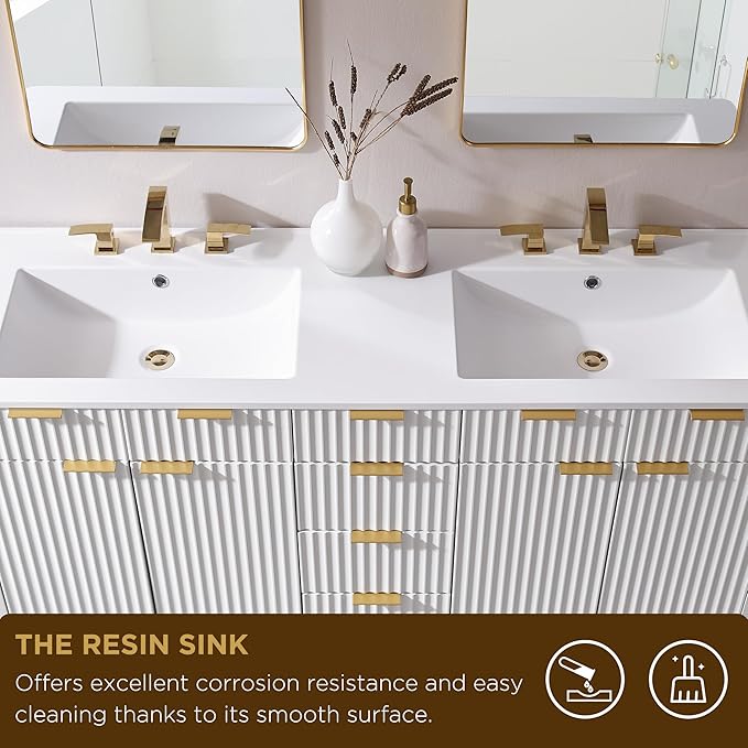 T4TREAM 60" Fluted Bathroom Vanity with Resin Sink Combo，Freestanding Modern Bathroom Storage Vanity Cabinet with Soft Closing Doors & 3 Drawers，Wood Grain Texture，Metal Handle，White