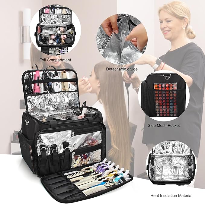 MONSTINA Rolling Makeup Train Case, Beauty Hairdresser Bag and Cosmetology Case on Wheels Makeup Artist Bag Hairstylist Cosmetic Organizer Storage Bag with 4 Bag (Black+Hairdressing Bag)