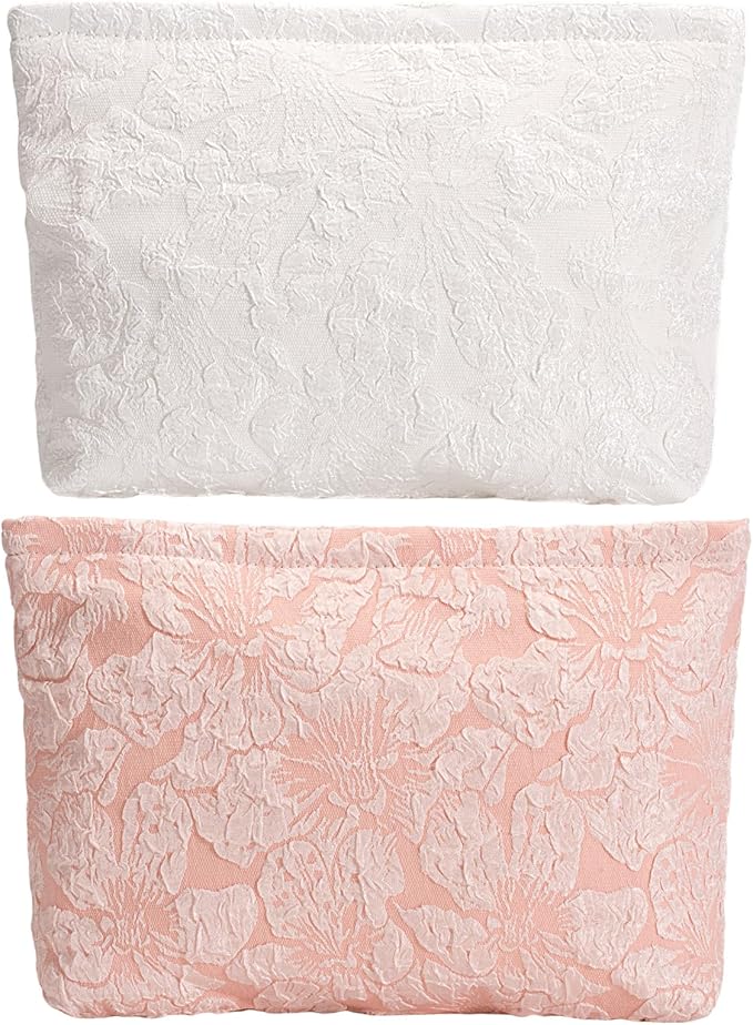 2-Pack Large Flower Makeup Bag Set - White & Pink Floral Canvas Cosmetic Organizer | Aesthetic Capacity Travel Toiletry Bag for Women (Makeup Brushes & Accessories Storage)