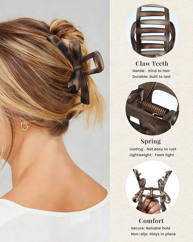 Mesovor 4 Pack Cute Bow Claw Clips, Nonslip 4.92" Large Matte Strong Hold Bows Hair Clips for Thin and Thick Hair | Chic Hairclips for Holidays or Everyday Hairstyle (Leopard Matte)