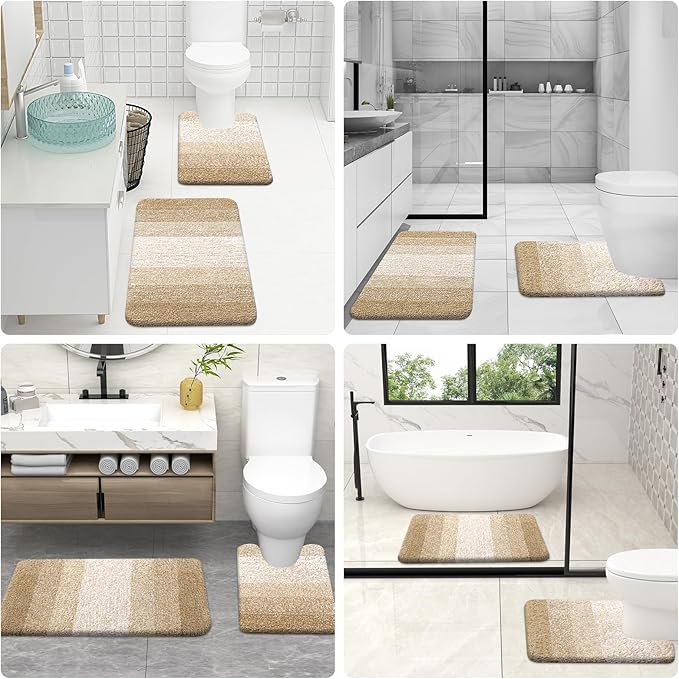 OLANLY Bathroom Rugs Sets 3 Piece, Soft Absorbent Microfiber Bath Mats and U-Shaped Contour Toilet Rug, Plush Shaggy Bath Mat Set for Bathroom (36"x24"+24"x16"+24"x20", Tan)