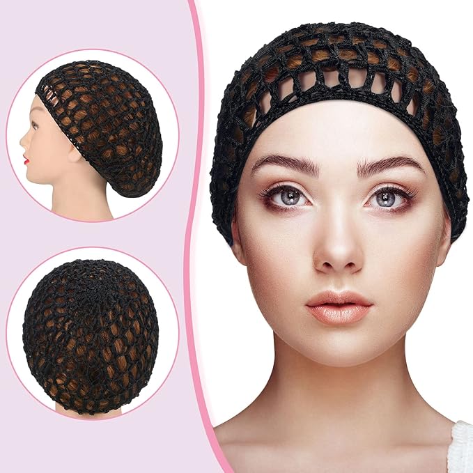 Waydress 2 Pieces Mesh Hair Net Rayon Knit Snood Women Crocheted Sleep Cap (Black and Pink)