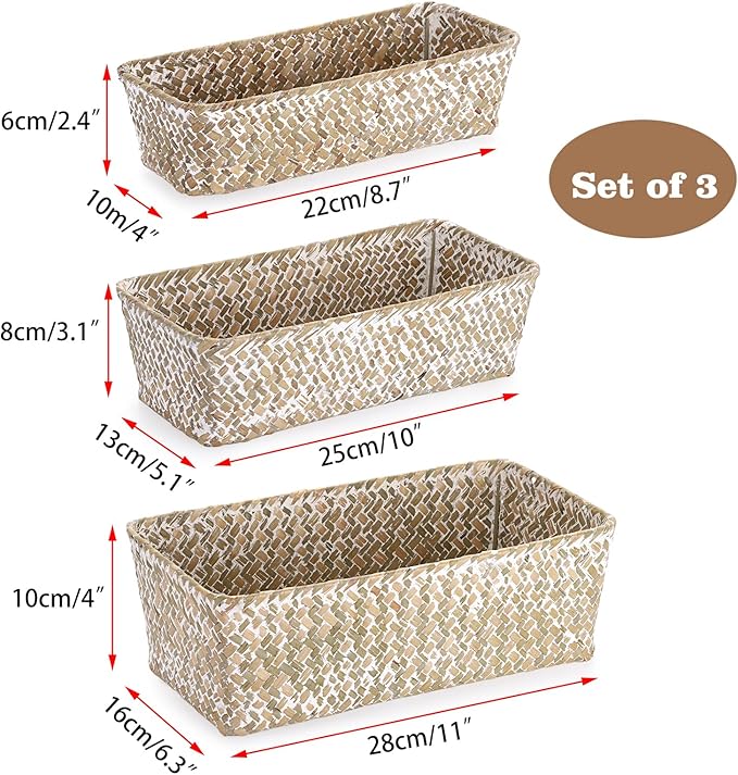 3 Natural Wicker Baskets Set Rectangular Handwoven Seagrass Basket Storage Bins Home Organizer Bins - Household Basket Box for Shelf Wardrobe Desktop Home Decor (Whitewash)