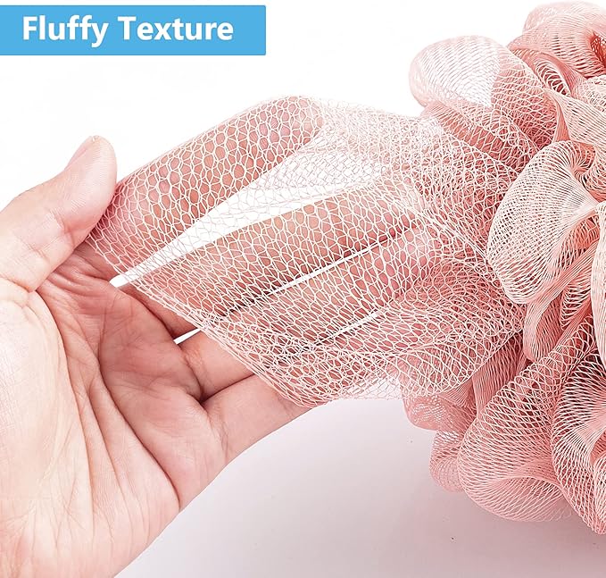 VANZAVANZU Bath Loofah Large 80g Shower Sponge Body Scrubber Mesh Pouf for Men and Women, Set of 4 (Pink)