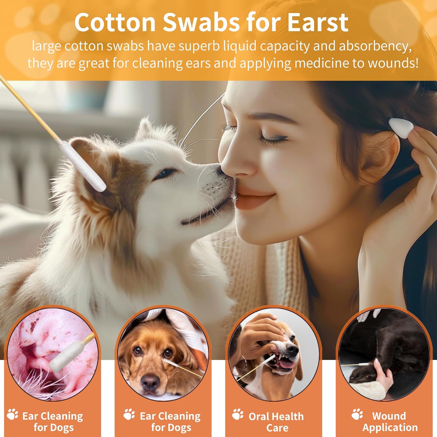 300 PCS 6 Inch Long Cotton Swabs in Box - Professional Large Cotton Swabs with Bamboo Handle - Double Sided Dog Ear Swabs - Specially Designed Big Cotton Swabs for Dog Ear, Cleaning Solution
