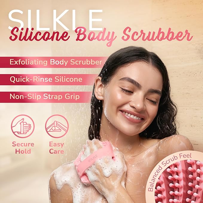 Silicone Body Scrubber – Gentle Exfoliating Shower Scrubber for Body & Bath, Silicone Shower Brush & Loofah Alternative – Non-Slip Silicone Body Brush, Quick Dry, Hygienic - Pink