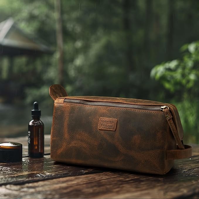 LEATHER VILLAGE Genuine Leather Travel Toiletry Bag - Water-Resistant Dopp Kit for Toiletries, Large Shaving Bag & Bathroom Organizer - Gift for Men & Women - Rustic Brown