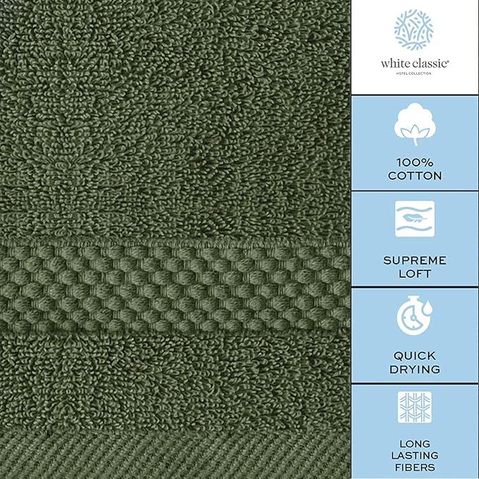 White Classic Luxury Cotton Washcloths 13x13 Inch - 650 GSM Turkish Cotton | Hotel, Spa, Bathroom Face Towel | 12 Pack, Forest Green